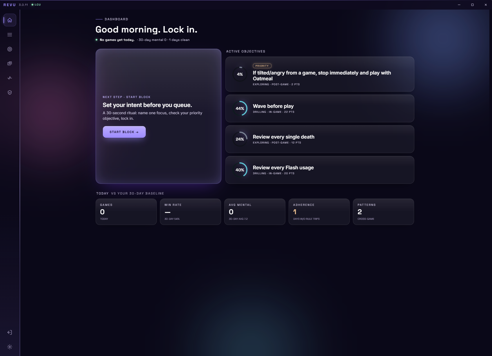Revu dashboard: a Good morning greeting over the Start Block intent ritual, active learning objectives, and a session stats strip