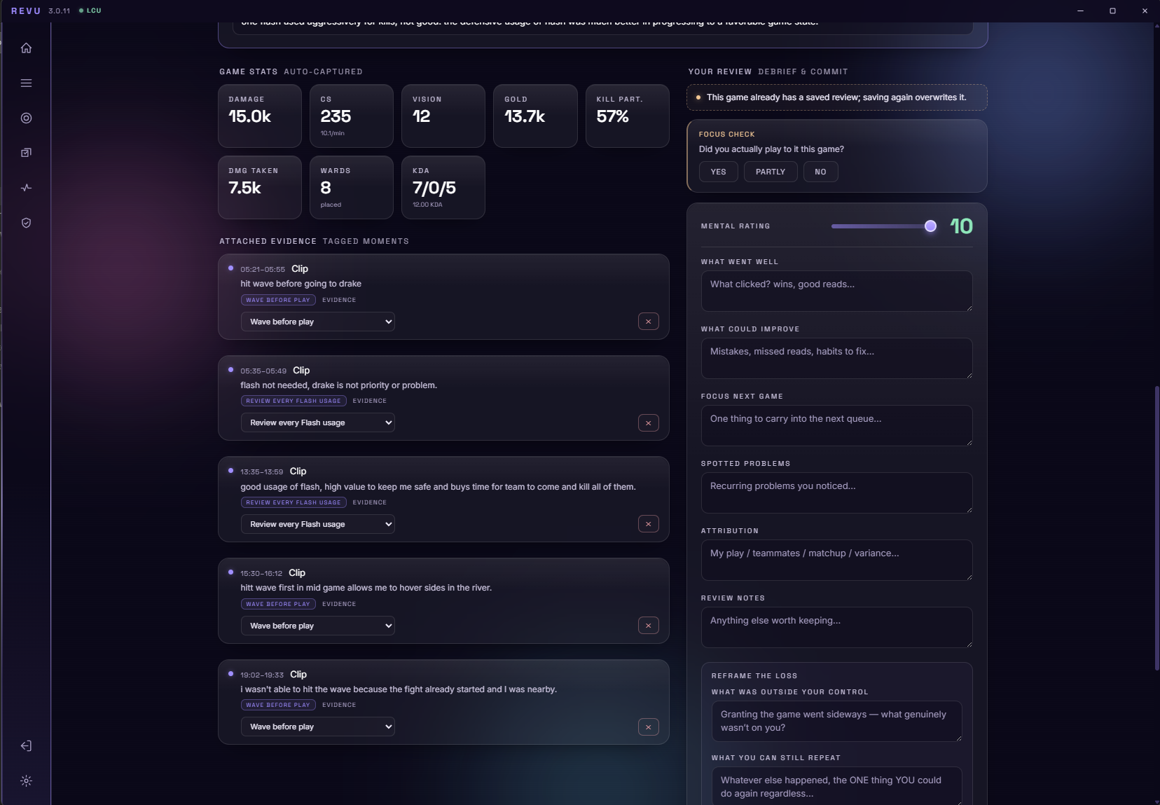 Revu post-game capture: auto-recorded gold, CS and damage stats beside attached evidence clips and per-game mental notes