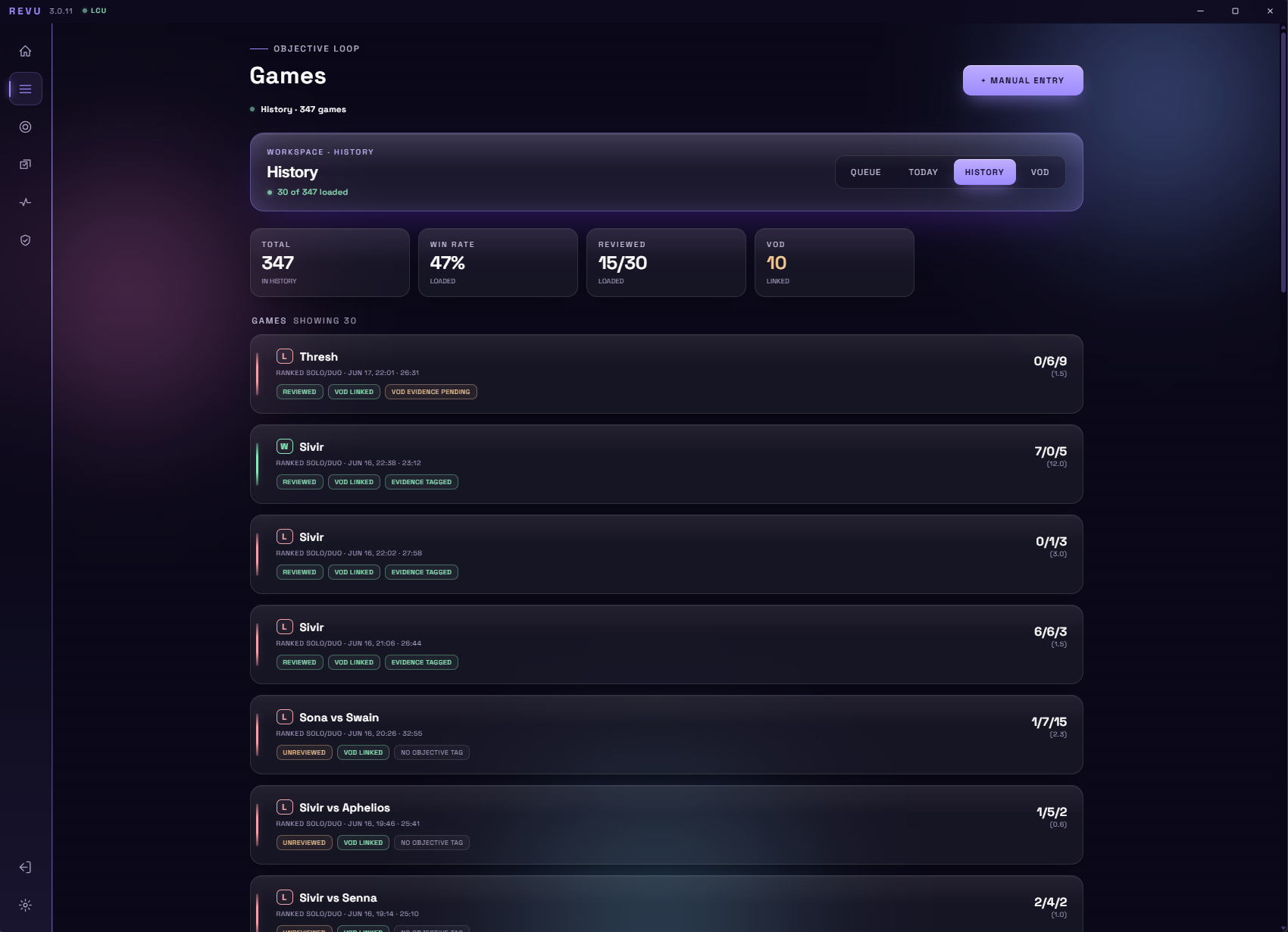 Revu Games history: a season list of every ranked match with KDA, result, and the objectives and notes attached to each