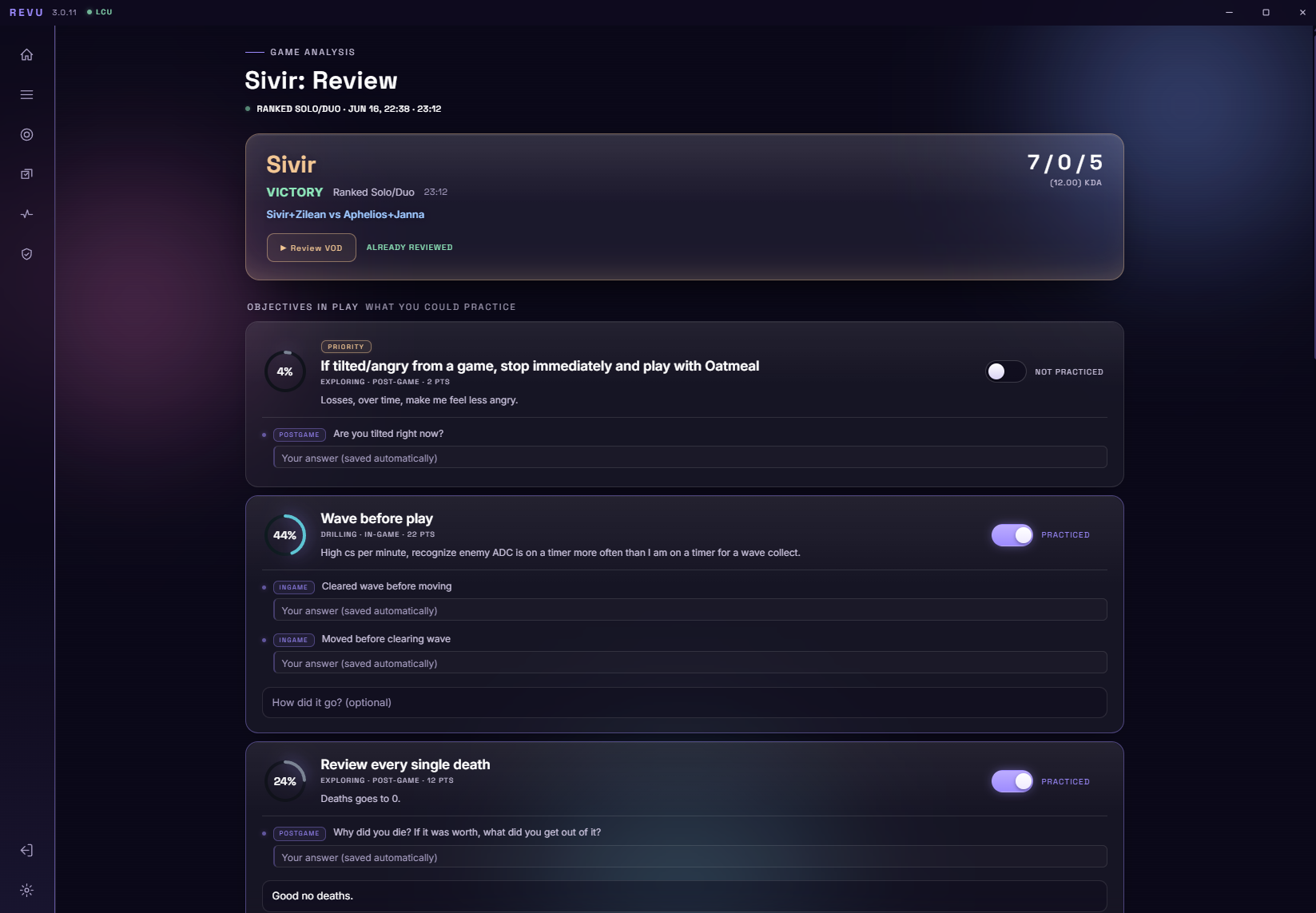 Revu Post-Game Review for Sivir: the match result over a checklist of the objectives you played by, each with practice notes