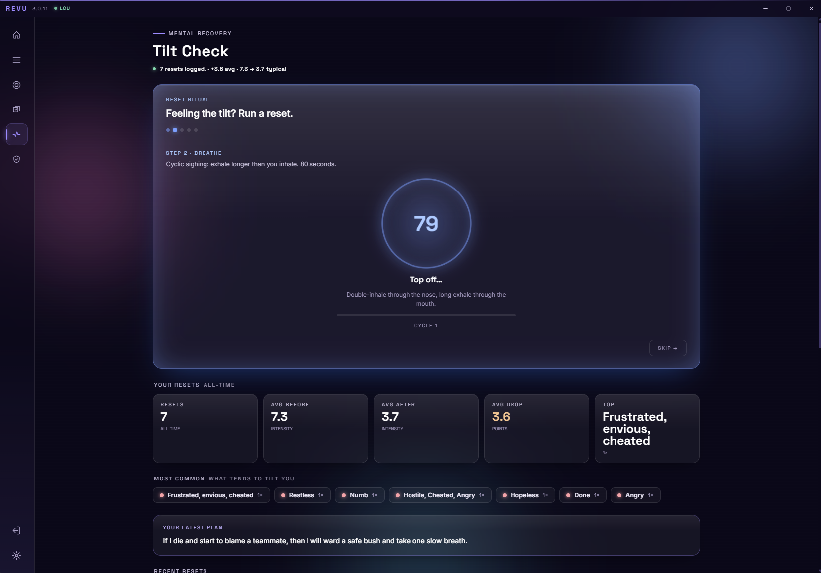 Revu Tilt Check: a guided breathing timer mid-reset for a short mental break between games