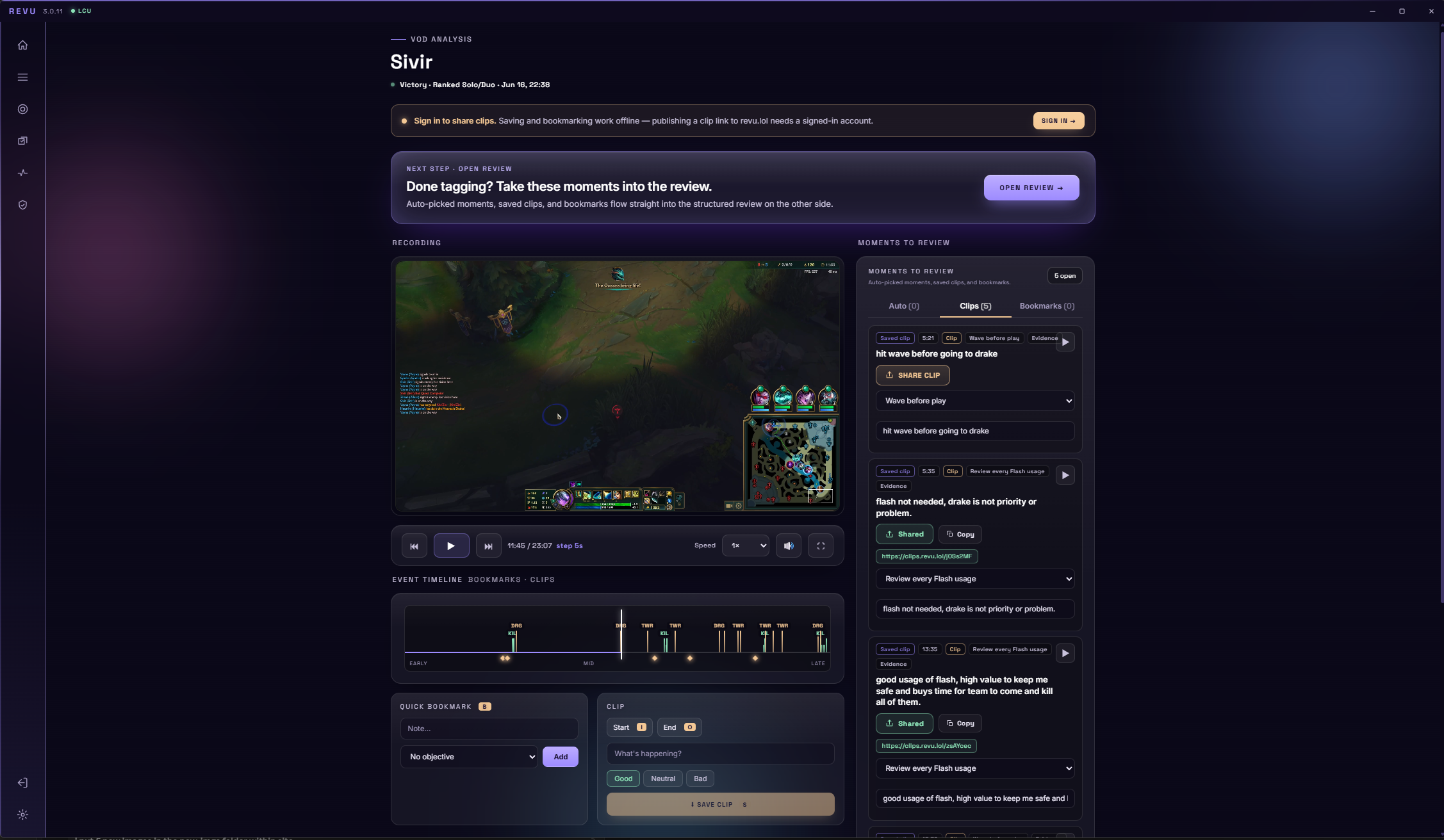 Revu VOD Review: a paused League match in the video player with a scrubbable timeline and an evidence side panel of tagged moments